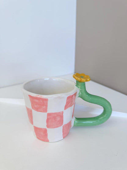 Mug with bold handle unique handmade checkers mug handpainted , flower stem handle, gift for artistic person.