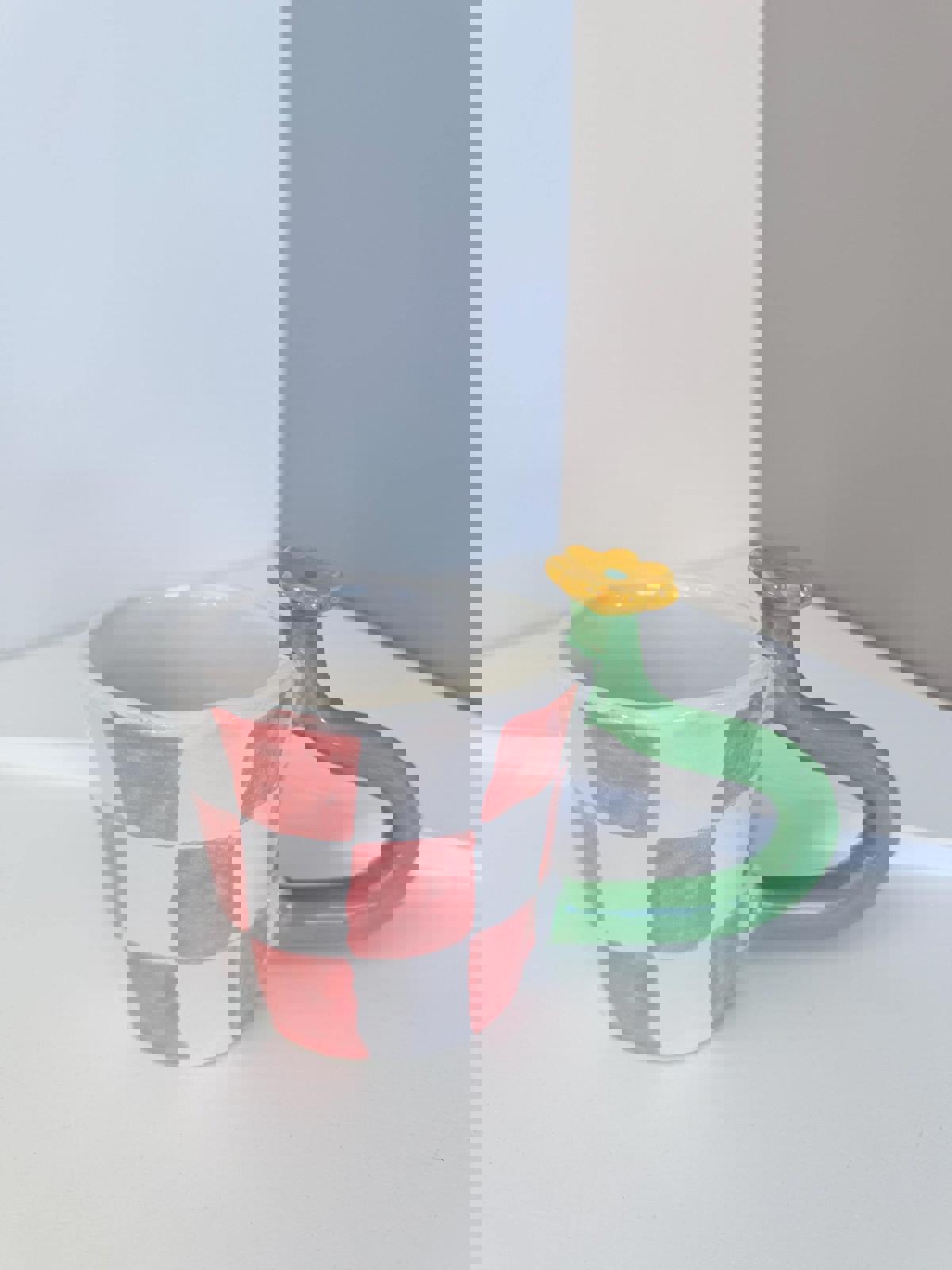 Mug with bold handle unique handmade checkers mug handpainted ,