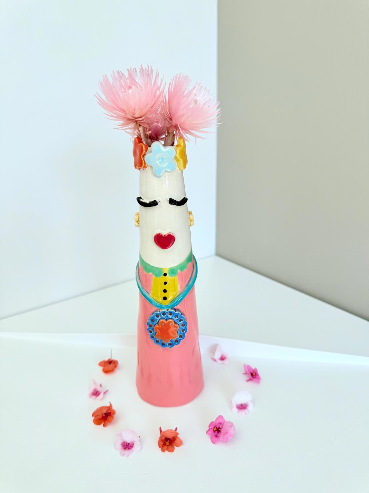 Unique vase with face , handmade and hand painted one of a kind ceramic vase, Frida Kahlo inspired vase, unique gift.