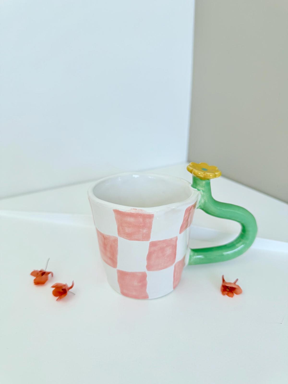 Mug with bold handle unique handmade checkers mug handpainted , flower stem handle, gift for artistic person.