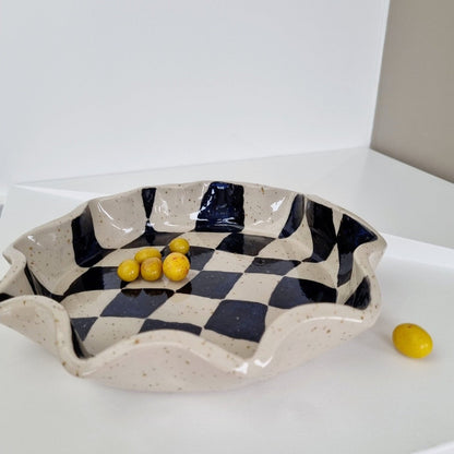 Ceramic checkered bowl black and natural. Speckled clay