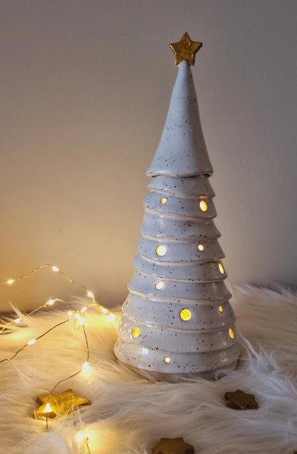 Ceramic Christmas Tree, white pierced Holiday luminary