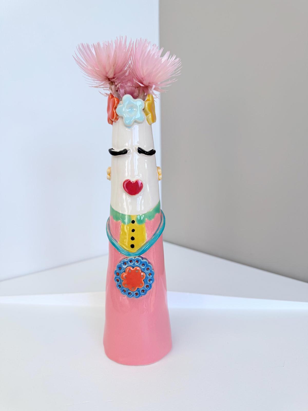 Unique vase with face , handmade and hand painted one of a kind ceramic vase, Frida Kahlo inspired vase, unique gift.