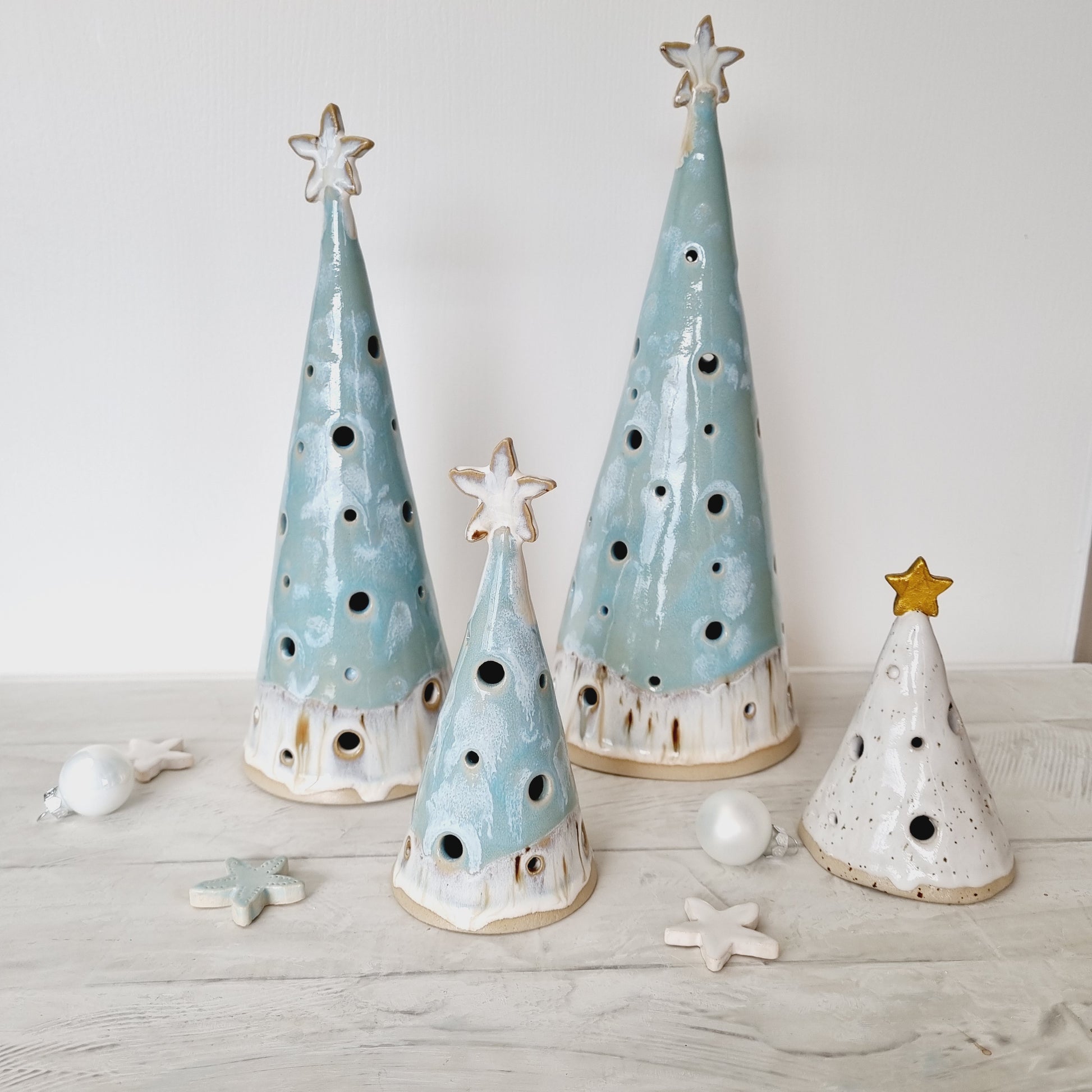 Coastal style ceramic Christmas trees. Teal/turquoise with sand colors. Perfect for beach house or coastal Christmas