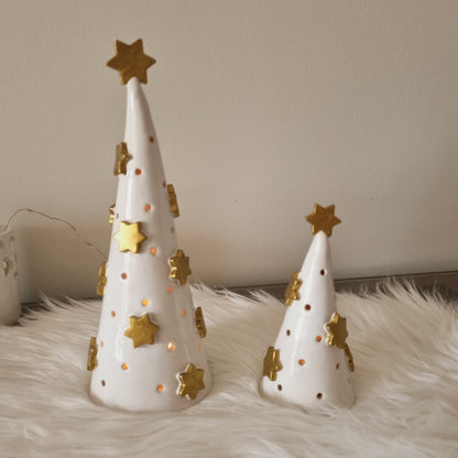 Small and medium white ceramic tree with golden stars