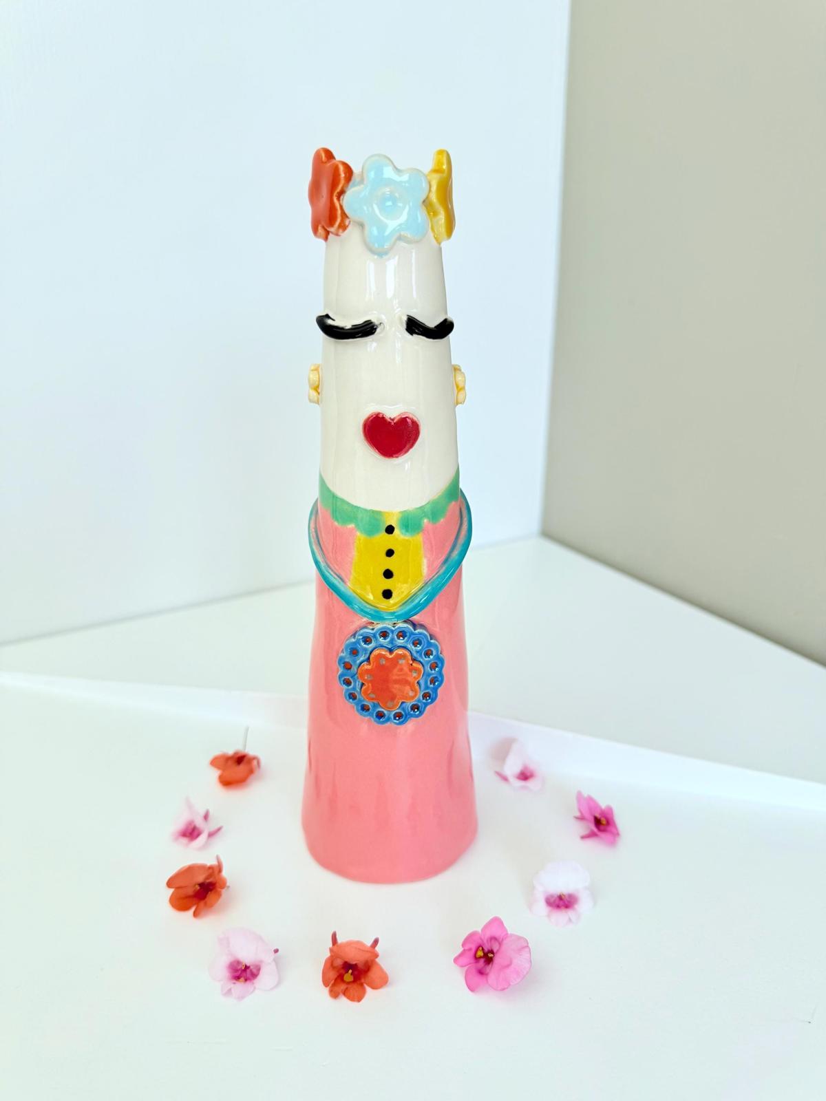 Unique vase with face , handmade and hand painted one of a kind ceramic vase, Frida Kahlo inspired vase, unique gift.
