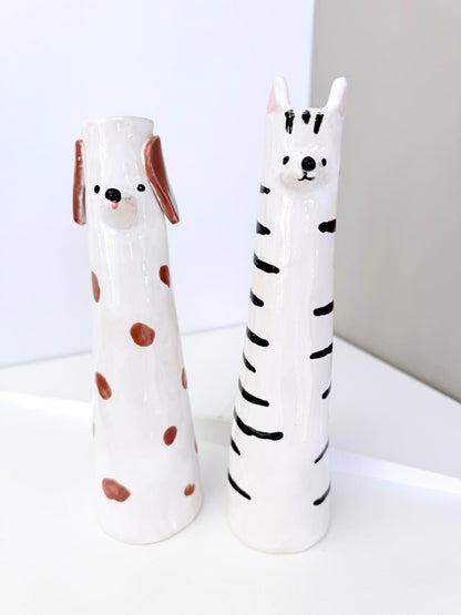 Cute Dog shaped skinny vase, handmade and hand painted ceramic doggy vase