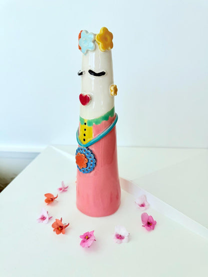 Unique vase with face , handmade and hand painted one of a kind ceramic vase, Frida Kahlo inspired vase, unique gift.