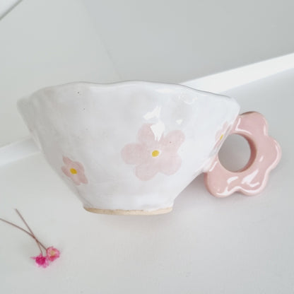 Girly mug handpainted with pink flowers and a cute flower handle