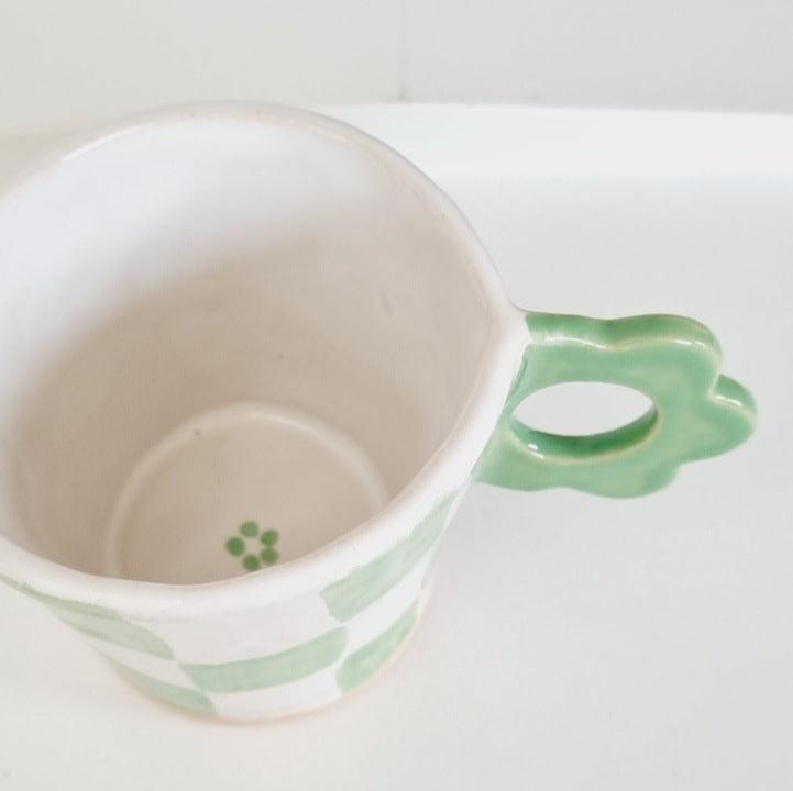 Handpainted espresso mug green checkers