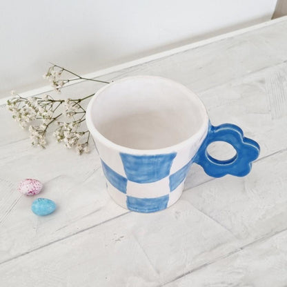 Handmade white and blue checkers mug