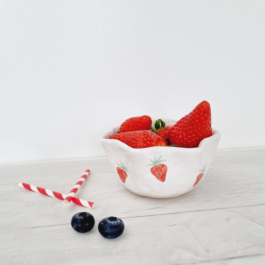 Small handmade bowl, handpainted with strawberries, for berries or iceceram