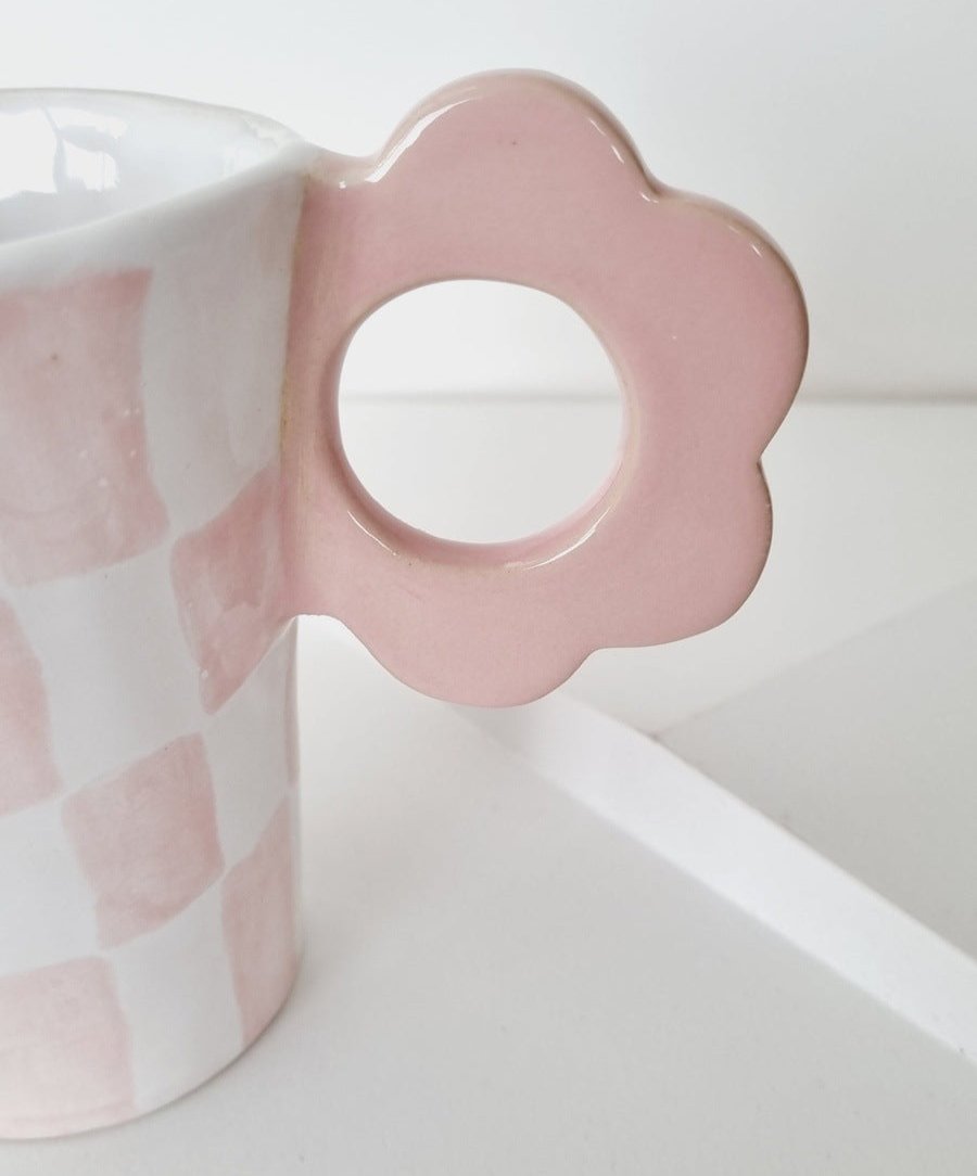 Large handmade bistro mug with checkered pink pattern