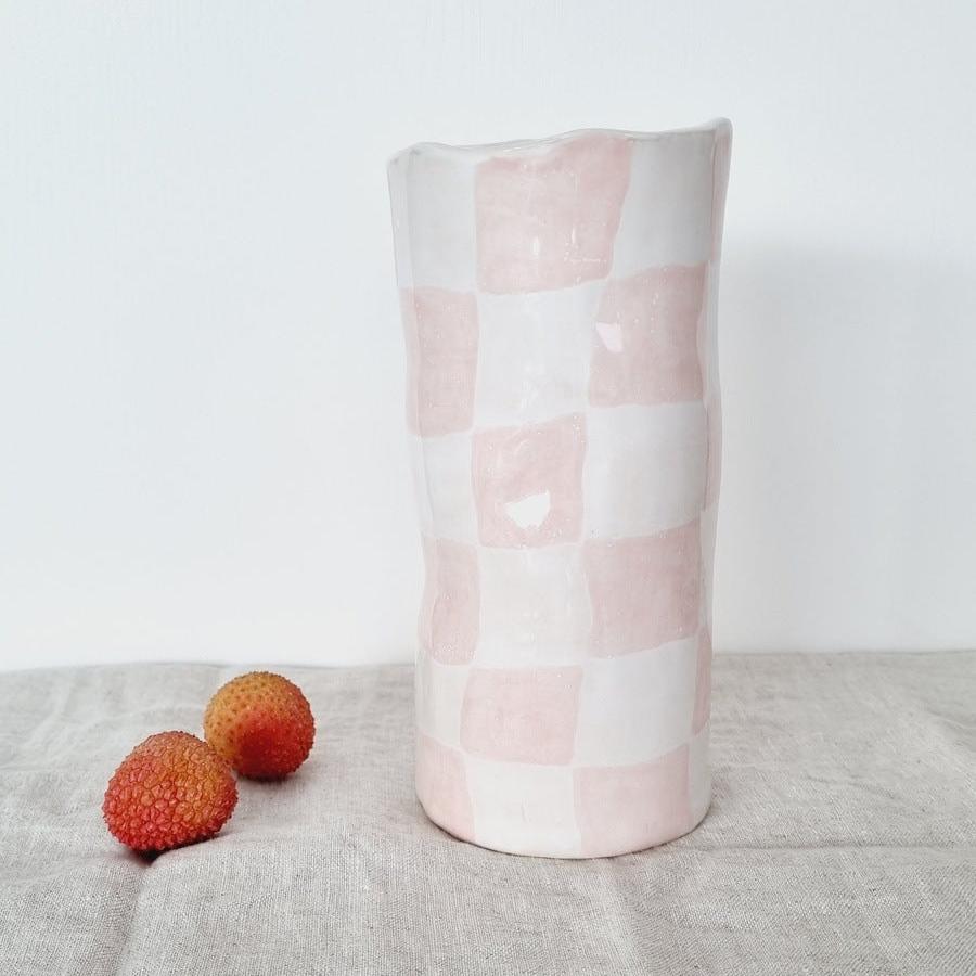 Whimsical vase handmade and handpainted pink checkers