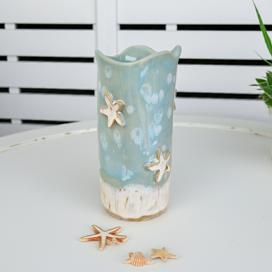 Vase de style côtier, vase en céramique bleu sarcelle fantaisiste avec étoile de mer