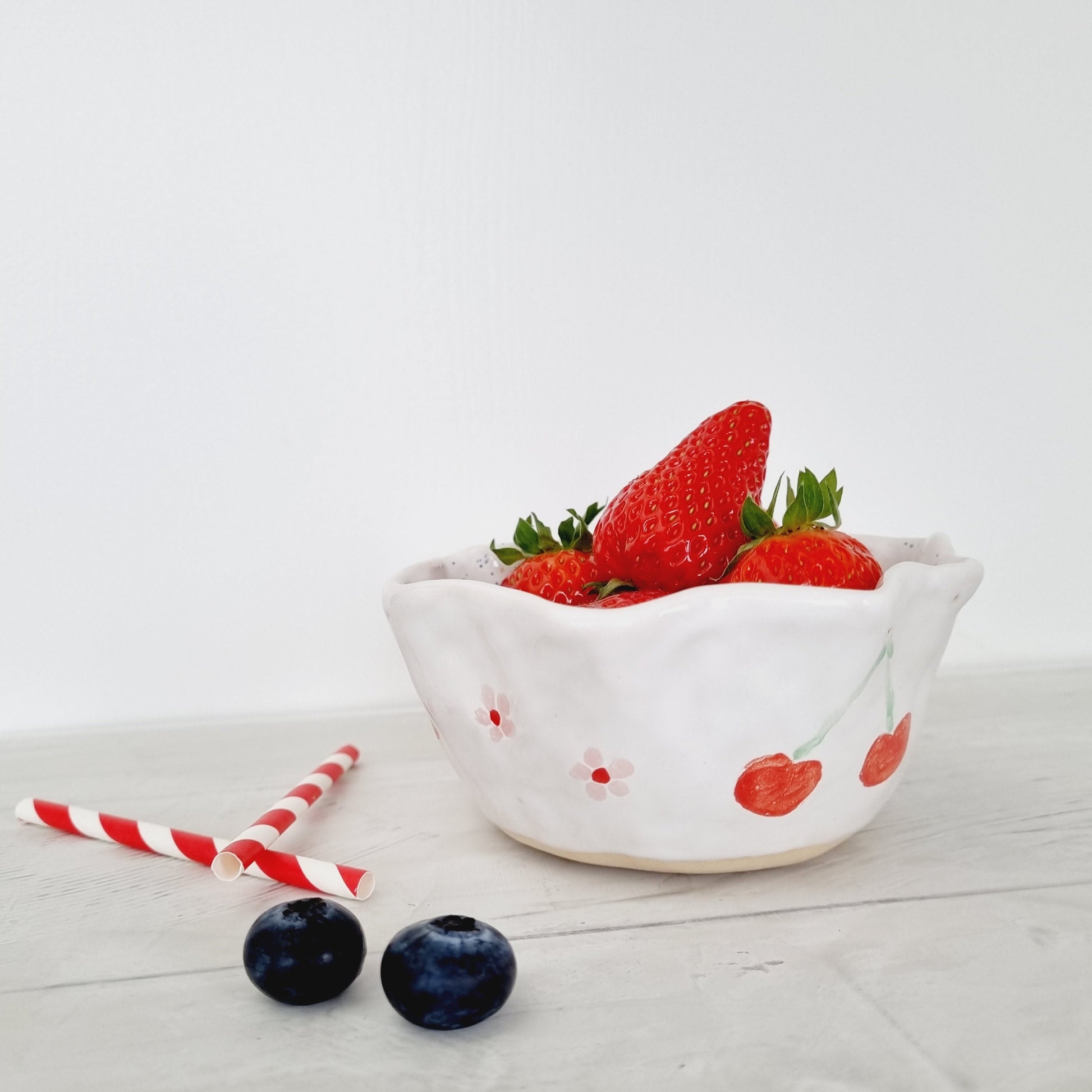 Small bowl handpainted with cherries and daisies,  for fruit, ice cream or cereals