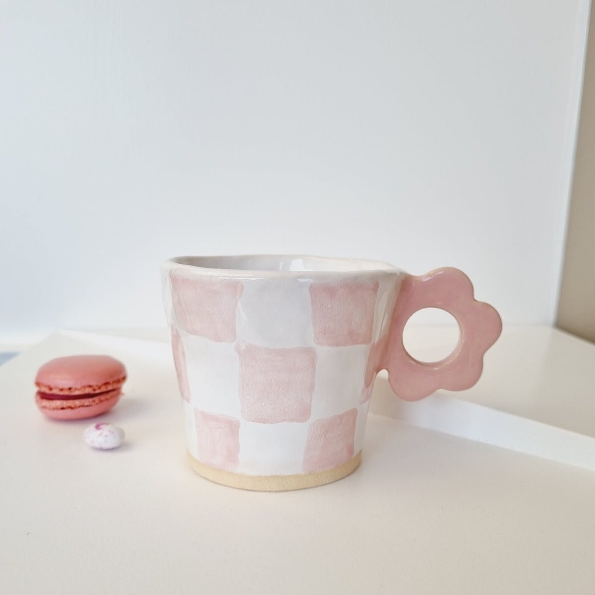 Handmade Pink Checkered mug, handle flower shape