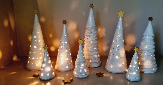 Handmade Holiday Candle Holders Ceramic Christmas trees pierced